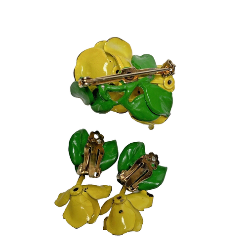 Vintage Enamel Yellow Rose Pin Dangle Clip On Earrings Set - Picture 12 of 15