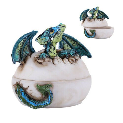 Grünes Baby Drache im Ei Schmuckkästchen Figur Resin handbemalt cool - Bild 1 von 1