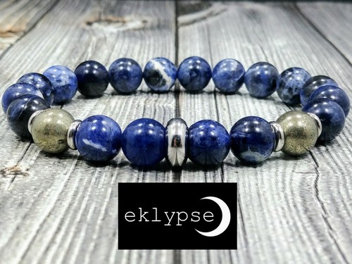 Luxe 8"L STAINLESS STEEL 10mm Blue Sodalite+Pyrite Gemstone Beaded Men Bracelet - 第 6/9 張圖片