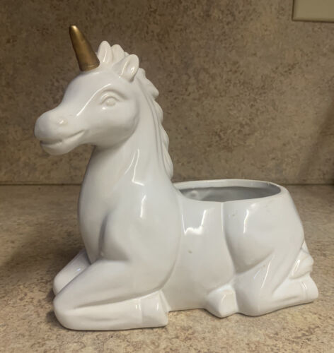 UNICORN White Ceramic Planter with Gold Horn 2017 - NEW - Picture 1 of 4