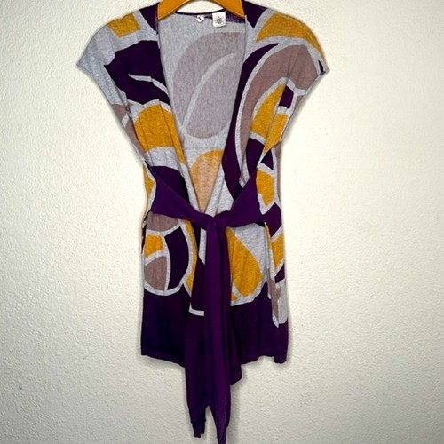 Anthropologie Moth ärmellose Strickjacke zum Umwickeln lila gelb Blätter Medium - Bild 4 von 14