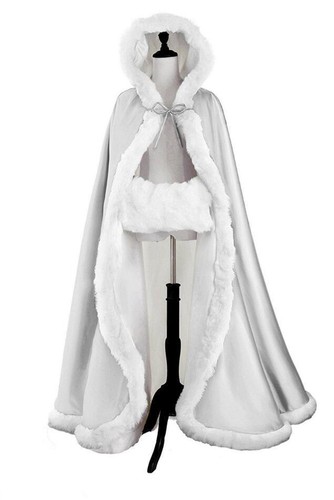 New Bridal Winter Wedding Long Cloak Cape Hooded Fur fur edge Floor length Bride - Picture 12 of 27