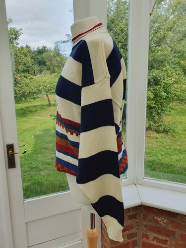 Vintage 80's Sweater Shop Jumper Striped Logo Embroidered Cream Multi - Picture 17 of 21