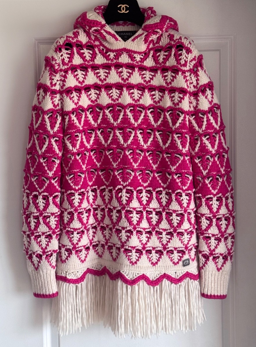21K CHANEL CASHMERE SILK BLACK FUCHSIA PINK WHITE HOOED RUNWAY