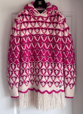 21K CHANEL CASHMERE SILK BLACK FUCHSIA PINK WHITE HOOED RUNWAY