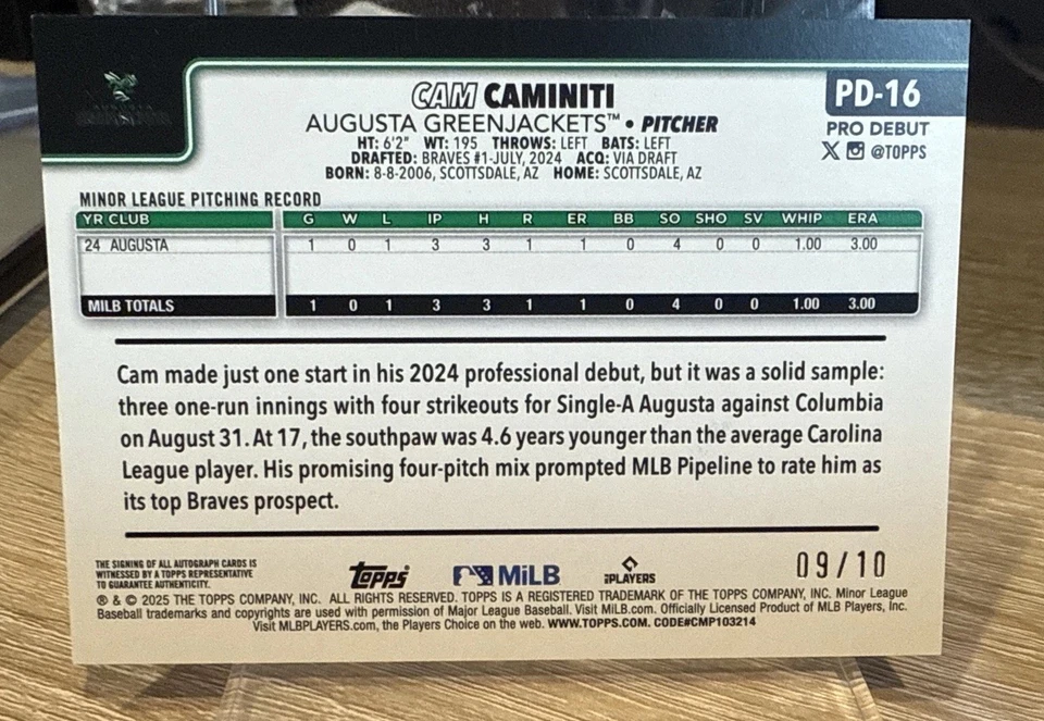 2025 Topps Pro Debut Cam Caminiti Red Foil auto #d /10 - Braves #1 Prospect - Image 2 of 3