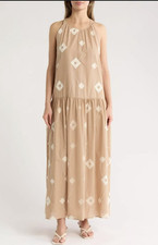 Ellen Tracy Women's Halter Neck Cotton Maxi Dress Beige Sleeveless Size M NWOT