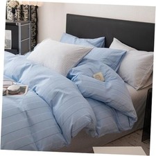 Striped Duvet Cover Set Queen 3 Pieces Blue Queen 90"x90" Blue White Stripes