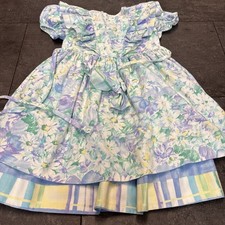 Vtg JAYNE COPELAND Girl Dress 4 Party Green Blue Floral Short Sleeve Cotton USA