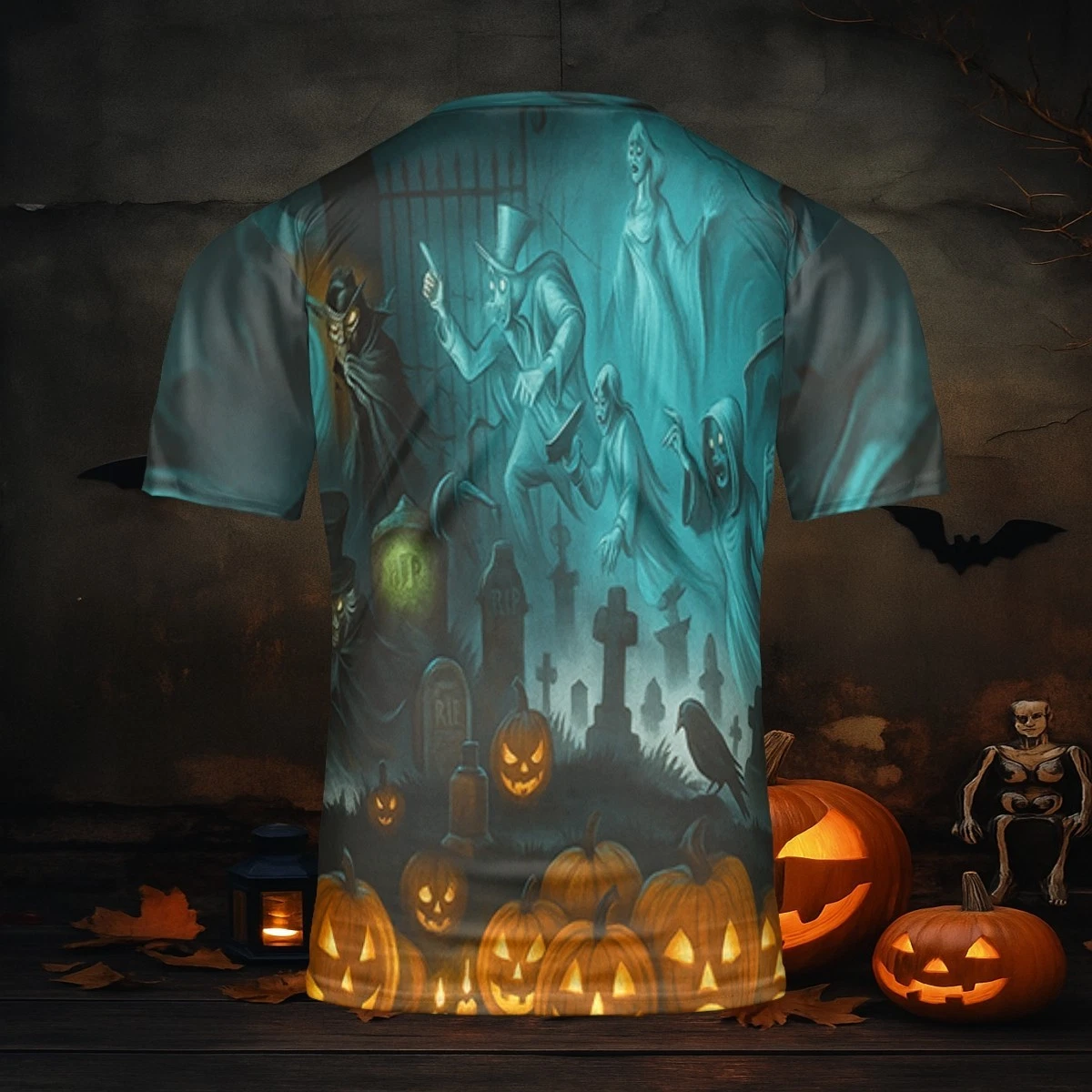 Haunted Graveyard Halloween 3D T-Shirt with Glowing Pumpkins