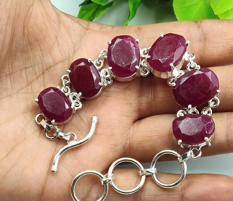 Natural Pink Ruby Gemstone 925 Sterling Silver Jewelry Bracelet Size-7-8" - Image 4 of 4