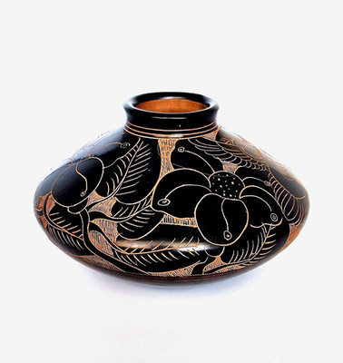 Vintage Handmade Incised Blackware Pottery Squat Vase - Etched Floral Design