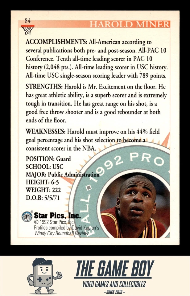 1992 Star Pics #84 Harold Miner USC Trojans - Image 2 of 2