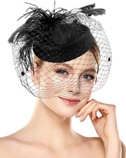 1920s Vintage Fascinators Hats Pillbox Hat with Veil Top Large, A-black