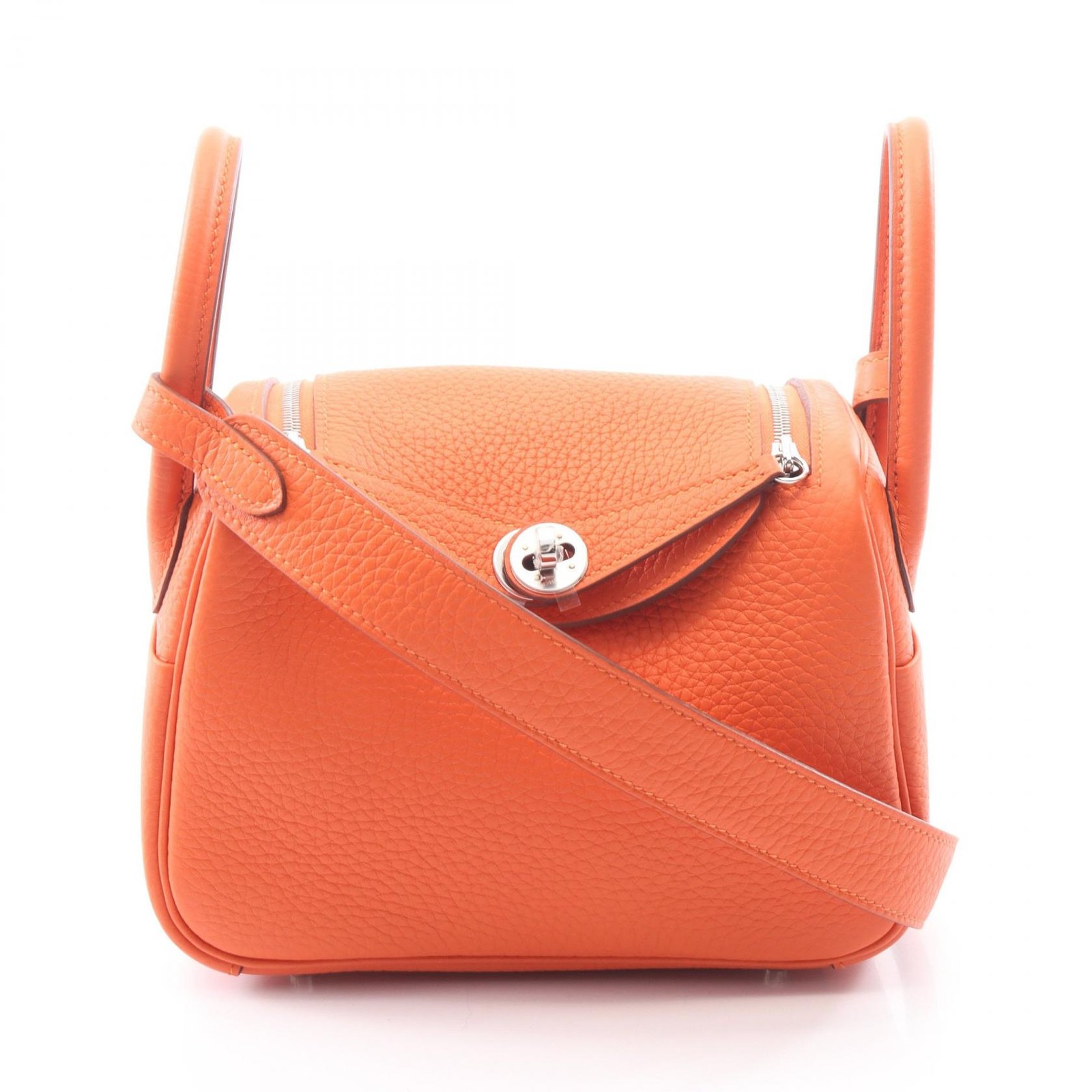 HERMES Lindy Mini Hand Shoulder Bag Clemence leather Tangerine orange Preowned G