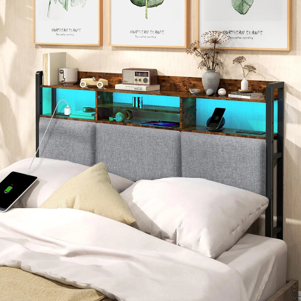 Изголовье для полноразмерной кровати с зарядной станцией и светодиодной подсветкой, полная кровать Uph... - Изображение 2 из 4