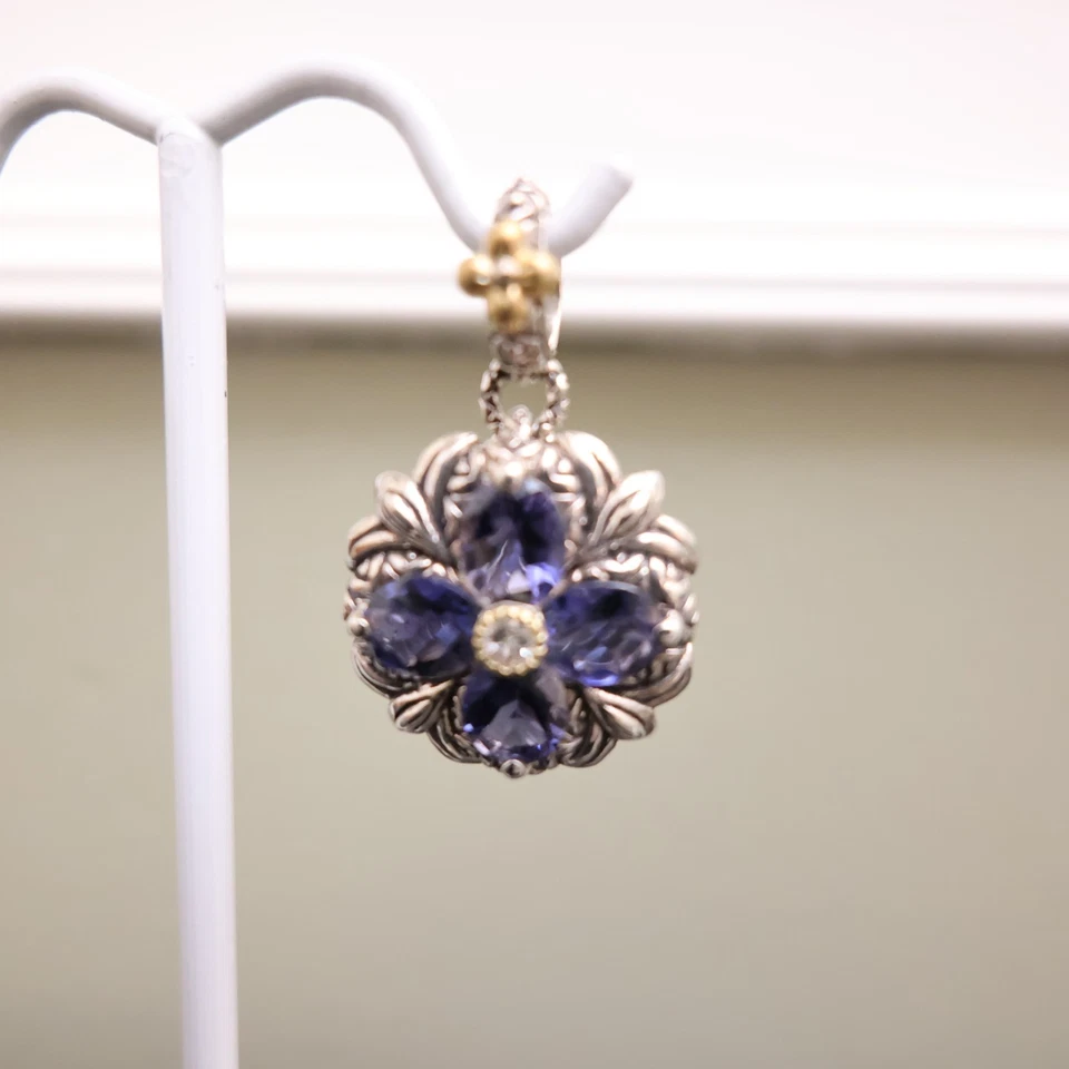 Pingente Barbara Bixby flor ametistas roxas e topázio prata esterlina ouro 18K - Imagem 2 de 4