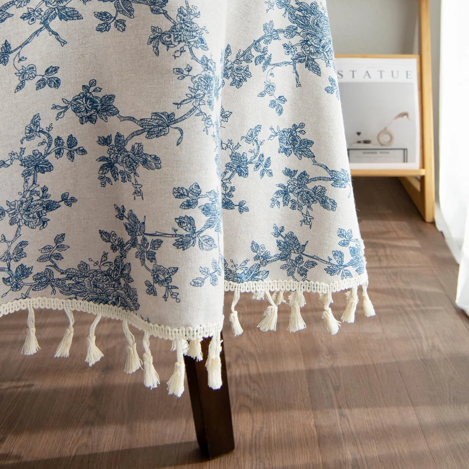 Linen Floral Round Tablecloth 60 Inch – Washable Vintage Blue Table Cloth for... - Image 4 of 4