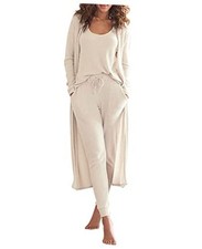 Womens Lounge Set Waffle Knit 3 Piece Pajama Sets Tank Tops Loose Small Beige