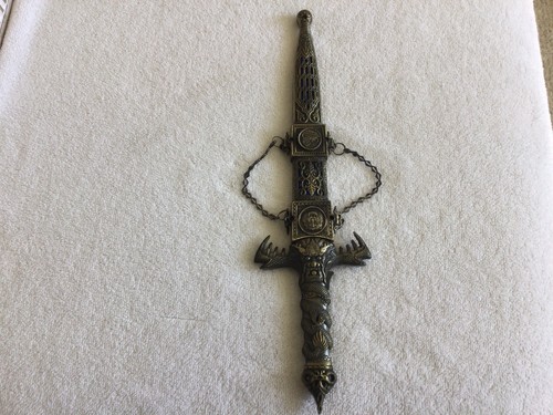 Brass Gothic Dragon Dagger, With Blue Accented Metal Scabbard, 14” Overall, NICE