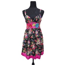 Johnny Was Dress XS Floral Embroidered Silk Blend Boho Fit & Flare Pink Trim