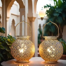 Set of 2 Moroccan Style Metal Table Lamp 7'' High Battery Powered Cordless La...