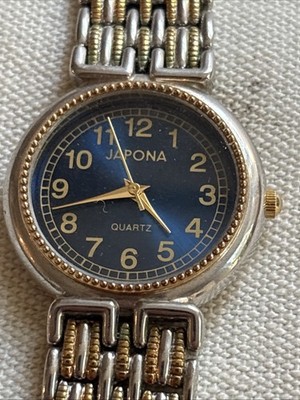 Vintage 1990s JAPONA Quartz Watch Gold Tone White Face leather strap EXCELLENT