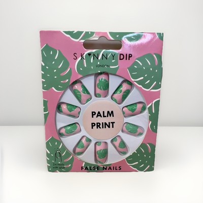NIB Skinny Dip London Pink Green Palm Print False Fake Press On Glue Nails