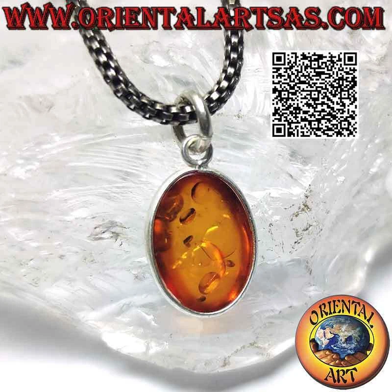 Ciondolo in argento 925‰ con ambra baltica naturale ovale con bordo liscio - Immagine 3 di 4