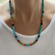 Multicolor Turquoise Silver Necklace, Blue Green Orange Yellow Red Lapis Coral..