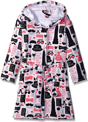 Up Past Girls Cute Fuzzy Soft 27'' Long Hooded Robe, White/Pink, Medium (6-7) NEW