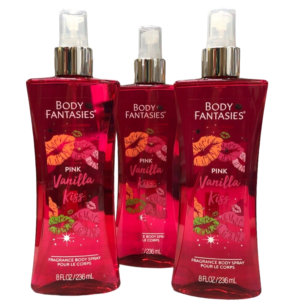 3 Bottles (8 fl oz each) Body Fantasies Pink Vanilla Kiss Fragrance
