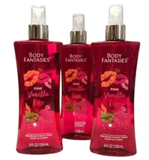 3 Bottles (8 fl oz each) Body Fantasies Pink Vanilla Kiss Fragrance Body Spray
