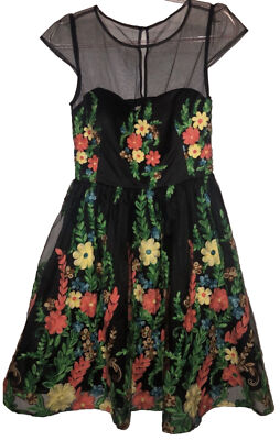 ModCloth Dress S Black Floral Embroidered Swing Flare Sheer Yoke Charmeuse  | eBay