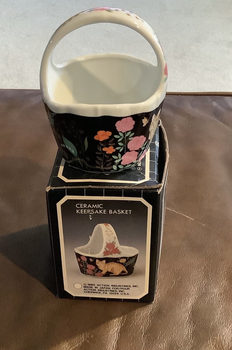 Vintage 1985 Ceramic Basket with Cat And Flowers Keepsake Made In