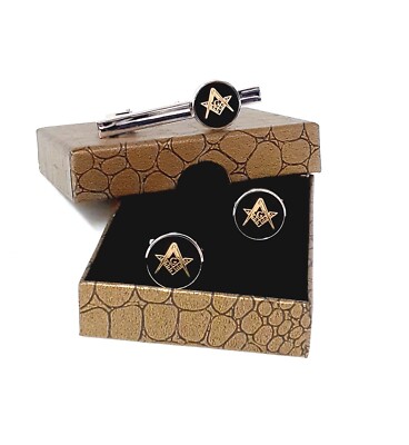 FREIMAURER FREIMAURER SCHWARZ MANSCHETTENKNÖPFE & KRAWATTENKLAMMER BAR, QUADRAT & KOMPASS EMBLEM BE101
