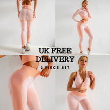 Gym Suit Set 1-3pc Women Yoga Fitness Peach Pink Suit Sport Leggings Crop Top UK