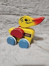 BRIO Yellow Duck Pull Toy 1970's Made in Sweden Vintage Yellow Red Blue Wood Toy