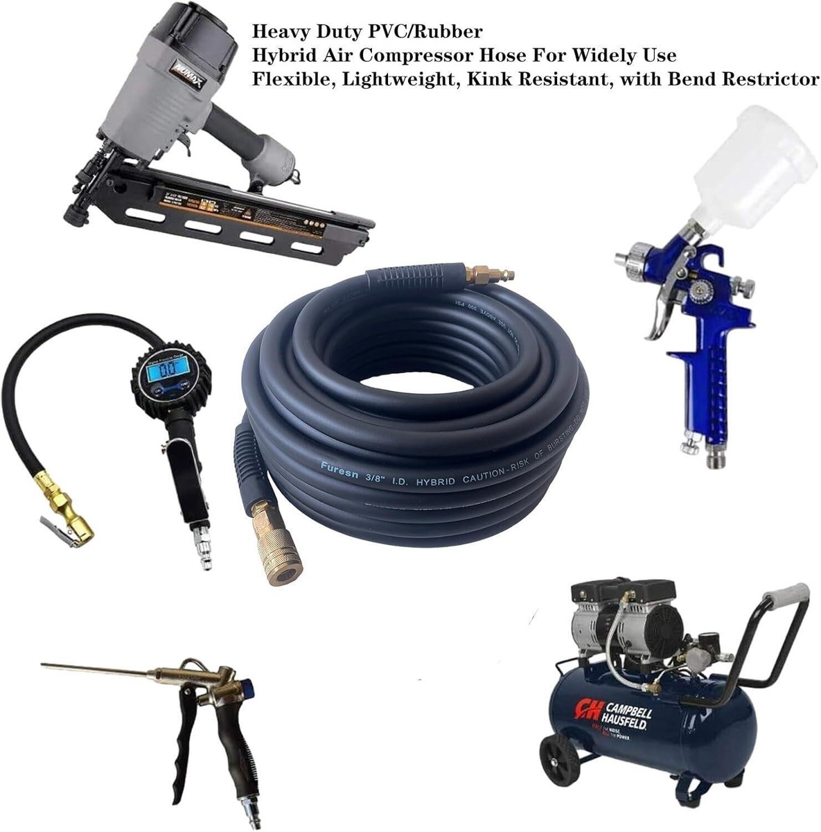 YOTOO Hybrid Air Hose 3/8x25 Feet - 300 PSI Heavy Duty With Brass Fittings