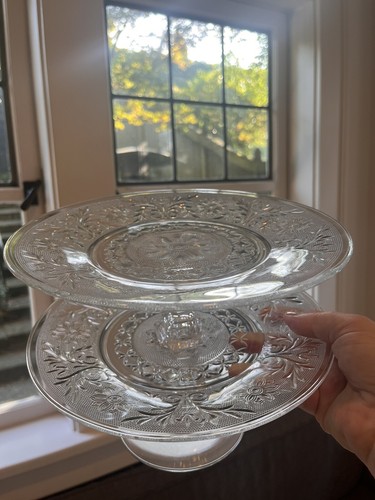 Indiana Glass Tiara 9” Two-Tier Cake Pedestal Stand Clear Pressed Sandwich Glass - Picture 3 of 24