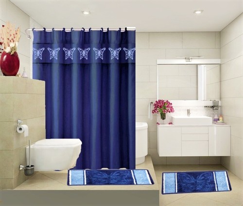 COMPLETE BATHROOM SET 2 BATH MATS 1 SHOWER CURTAIN &FABRIC HOOKS PRINTED DESIGNS - 第 6/26 張圖片