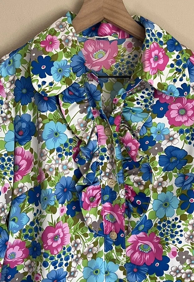 Vestido Vintage Floral Verde Años 60 Años 70 Vaina Cambio Espectador Grande 12 14 Rosa Foto 4 de 4