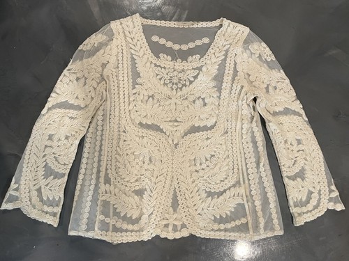 Capri Women's Sheer Lace Embroidered Floral Boho Top Long Sleeve Size L Cottage