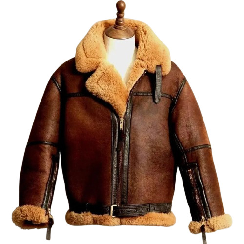 Men's Brown Sheepskin Shearling Bomber Fur coat Real Leather Aviator JACKET
