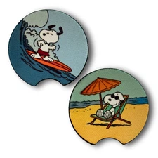 Snoopy Car Coasters – Beach Chair & Surfboard Design – Set of 2