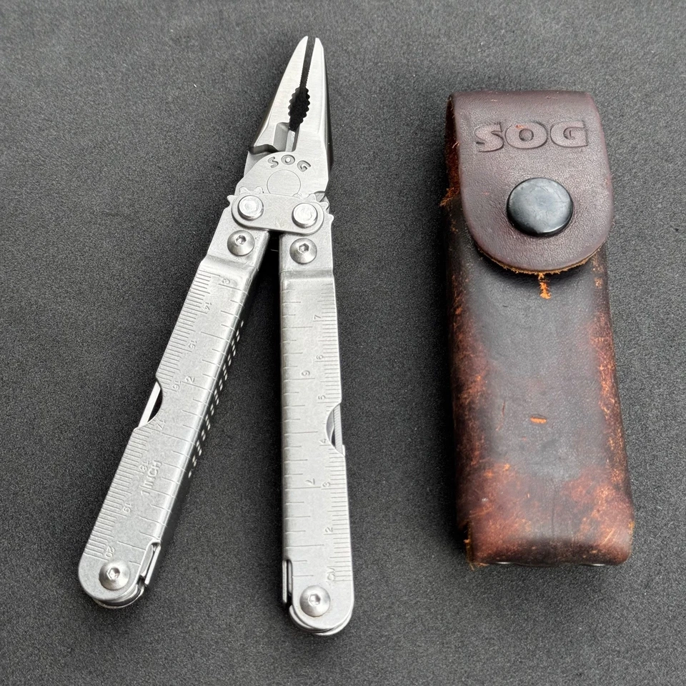 SOG Power Plier Silver Multitool Stainless Steel w/ Original Leather Case  - Image 2 of 4