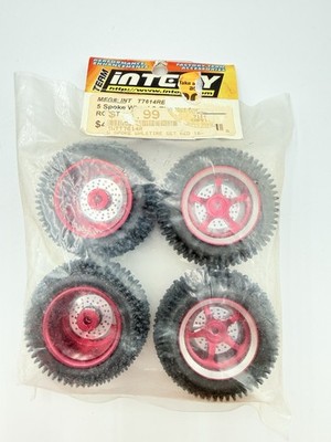Integy T7614RE Team Associated RC18T 5-Spoke Wheel & Tire Set Red 1/18  Vintage