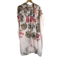 Woven Heart Kimino Shaw Light Blush Pink Floral Fringe Light Weight Beach Boho