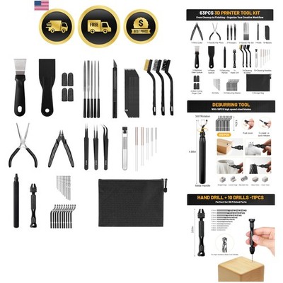 3D Printer Tools Kit 63 Pcs Deburring Nozzle Cleaning Metal Files Brushes