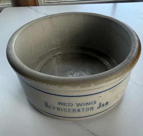 Vintage Red Wing Refrigerator Jar Blue Band Crock 7”x 3” Advertising Pottery